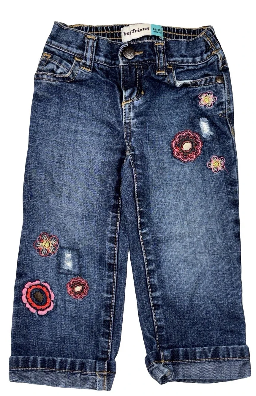 Old Navy Girls Y2K Embroidered Floral Boyfriend Jeans 18-24 Months Boho Denim